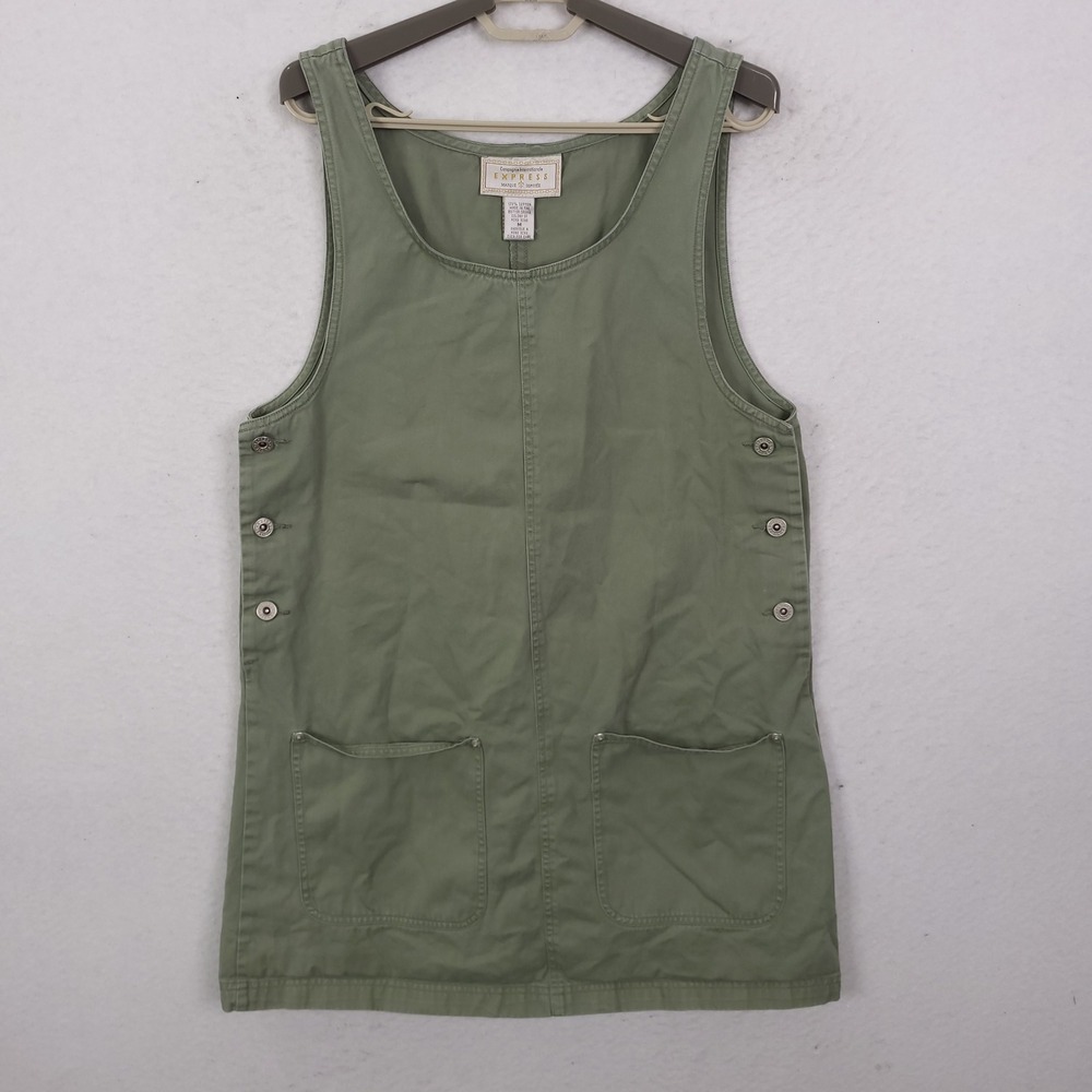 Express Pinafore Dress Womens Medium Olive Green Vintage Cotton Utility Mini